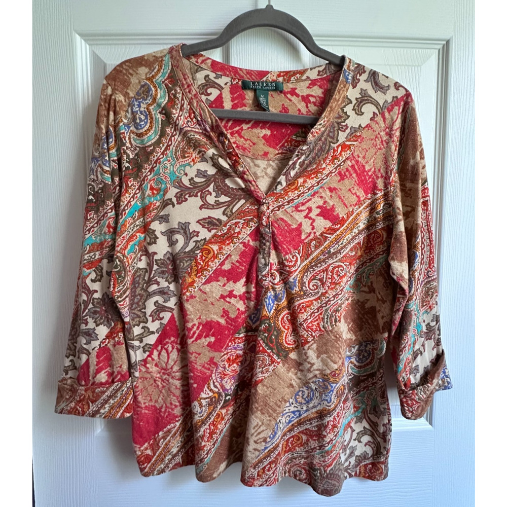 Lauren Ralph Lauren Womens Medium Mixed Paisley Split Neck 3/4 Sleeve Boho Top